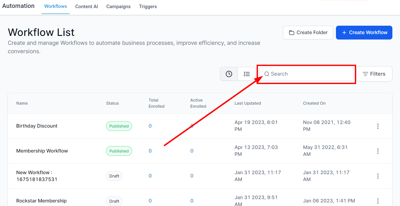 Quick workflow search bar