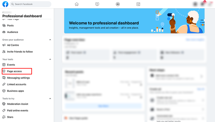 Click on Page access in your FB settings