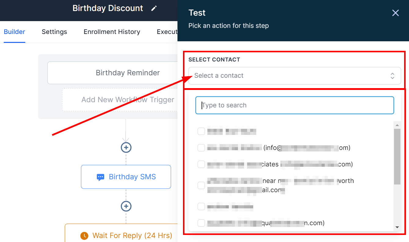 Select the contact to receive the test