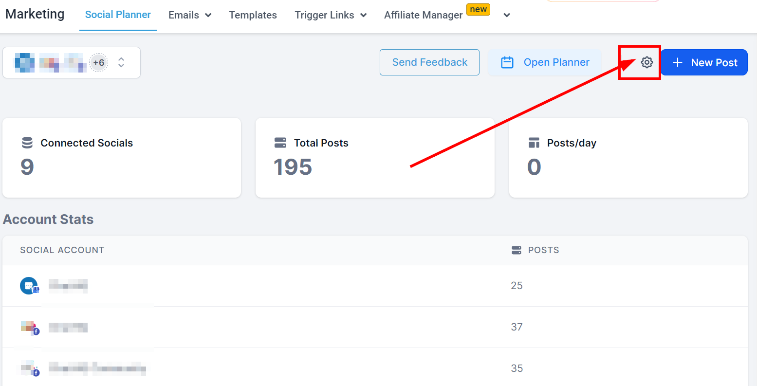 Click on the Social Planner settings button