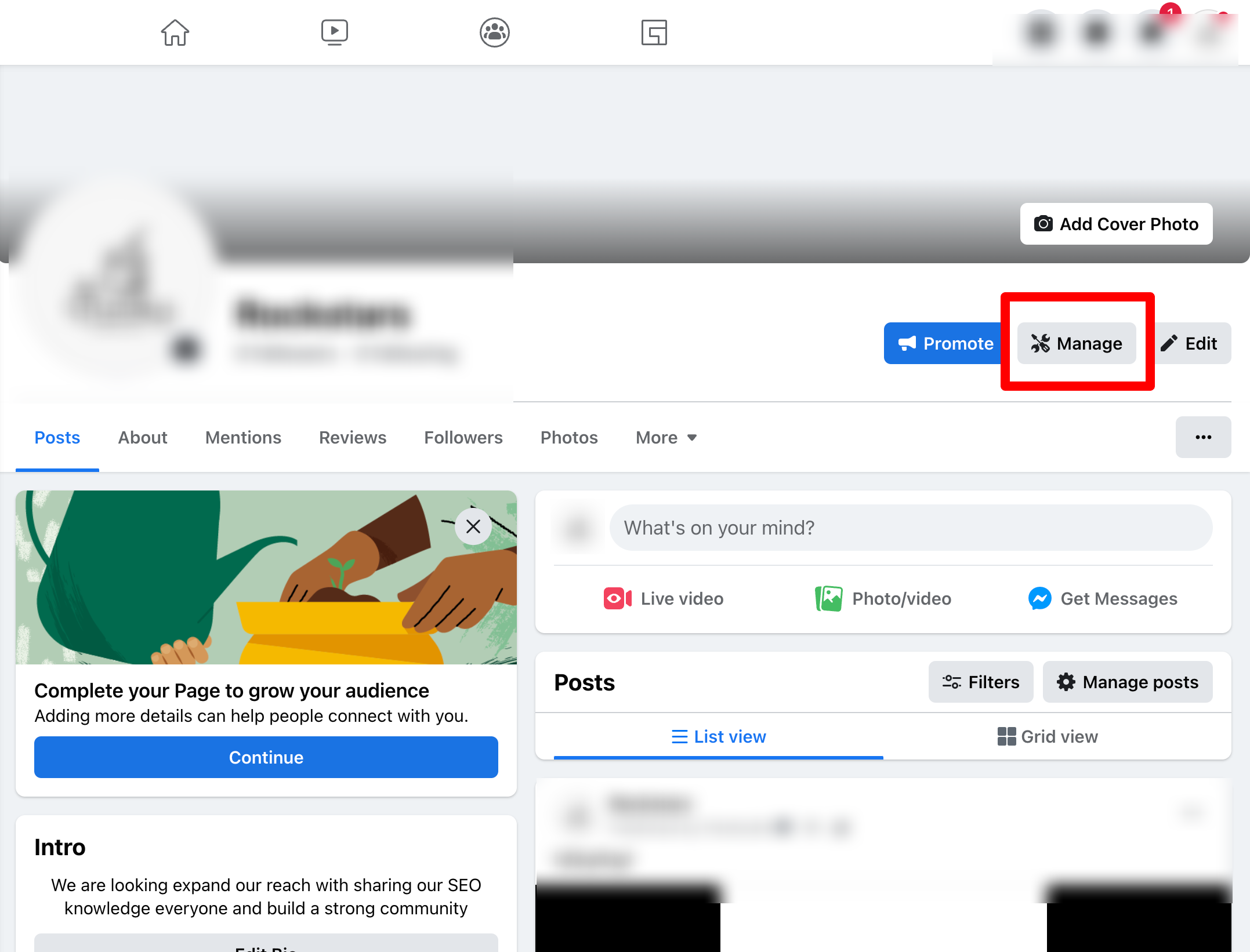 Click on the Manage button to choose FB  page type