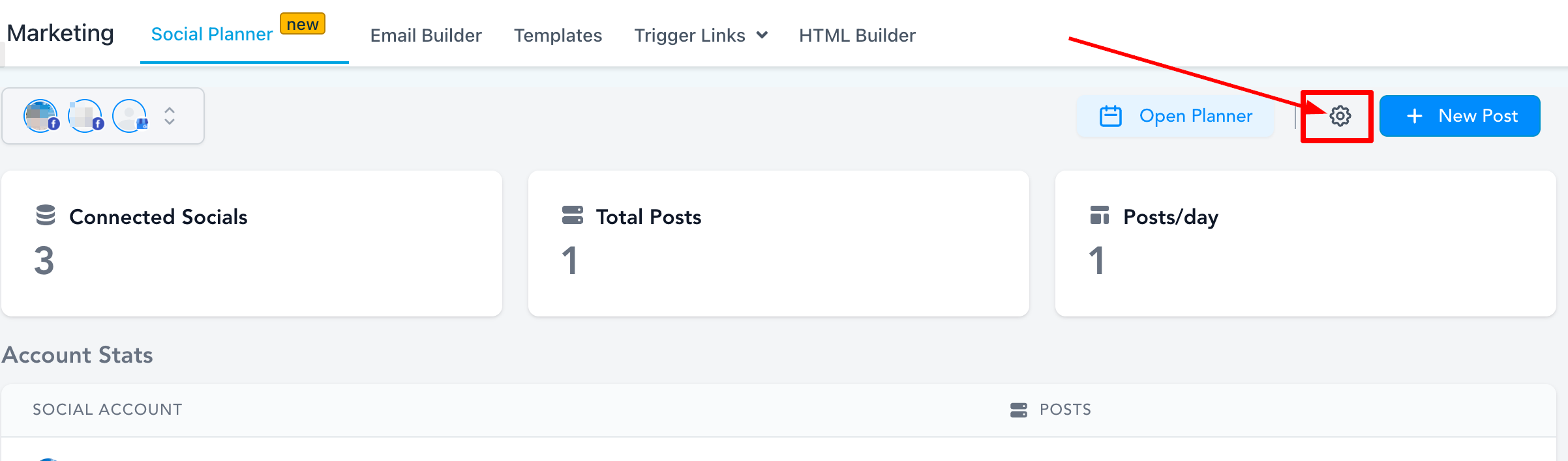 Click on the Social Planner button